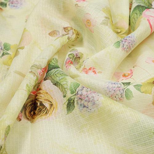 Gorgeous Floral Kota Doria Fabric Material in Vibrant Yellow Color