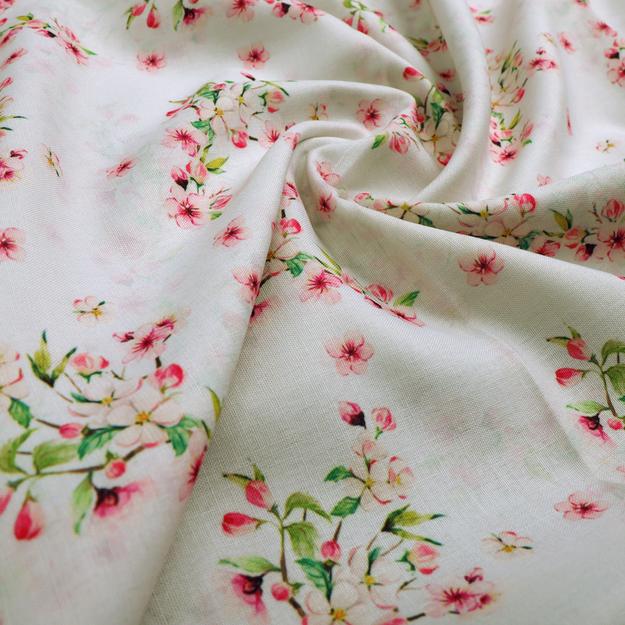 Pink Floral Printed Linen Fabric