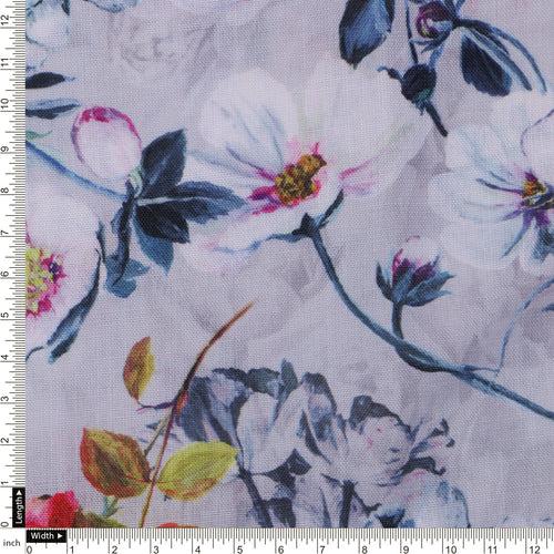 Lilac Floral Printed Linen Fabric