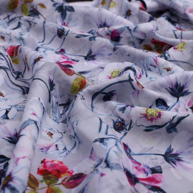 Lilac Floral Printed Linen Fabric