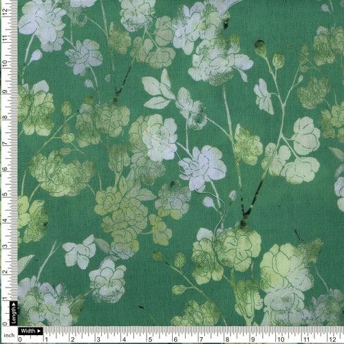 Green Floral Printed Linen Fabric