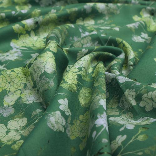 Green Floral Printed Linen Fabric