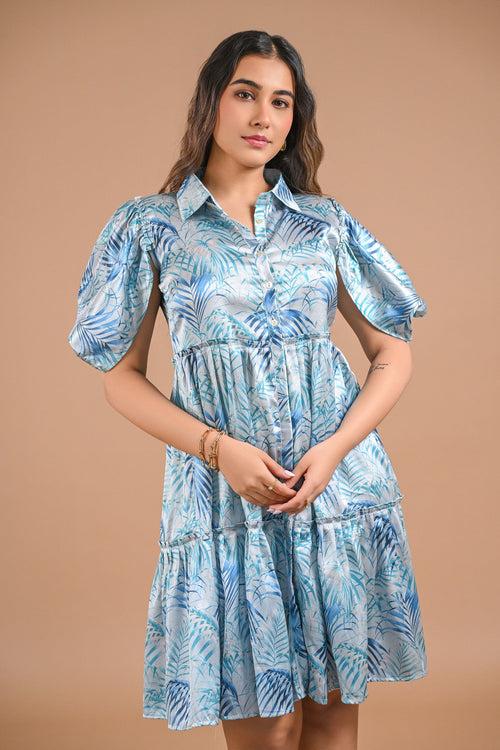 Blue Floral Puff Sleeve Mini Dress