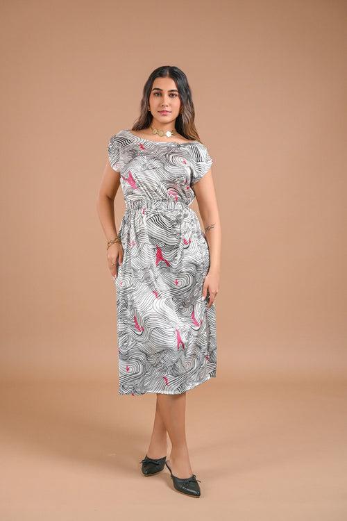 White Abstract Printed Midi Dress