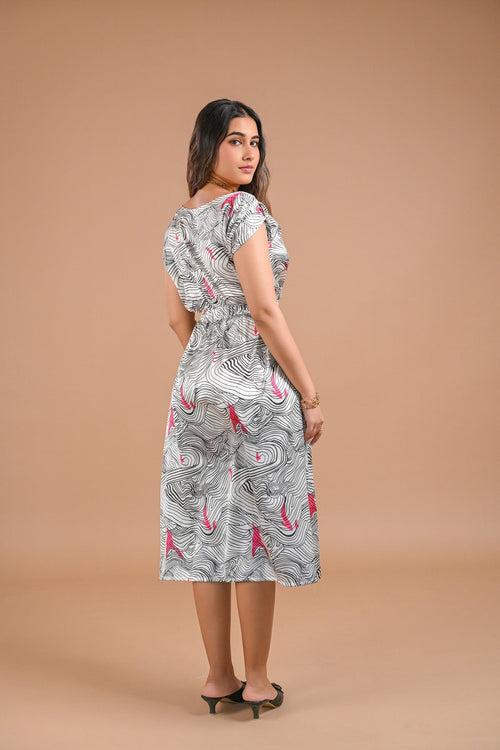 White Abstract Printed Midi Dress