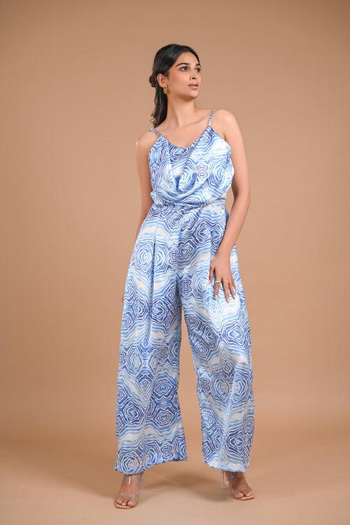 Blue and White Printed Satin Co-ord Set