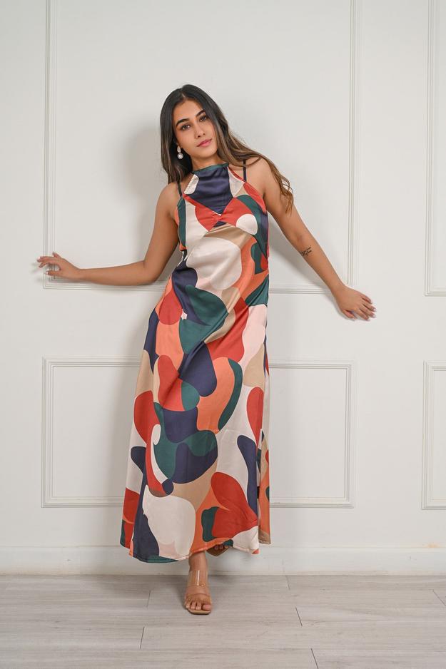 Abstract Print Satin Maxi Dress