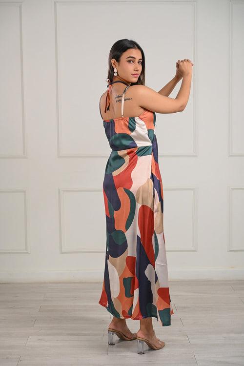 Abstract Print Satin Maxi Dress