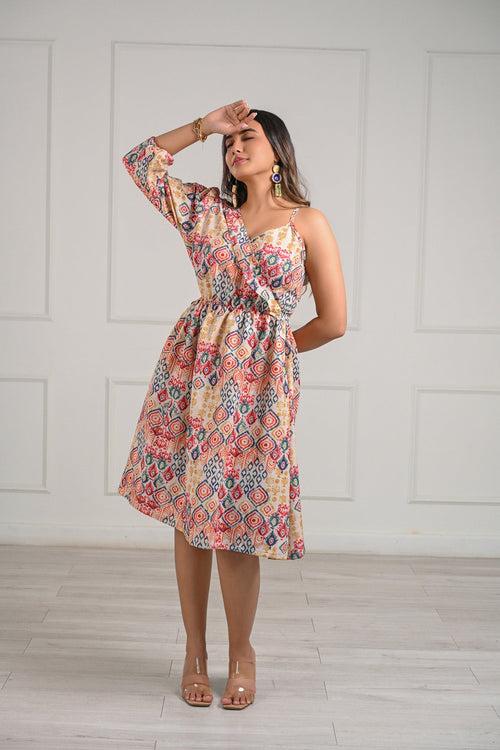 One Shoulder Printed Midi Dress