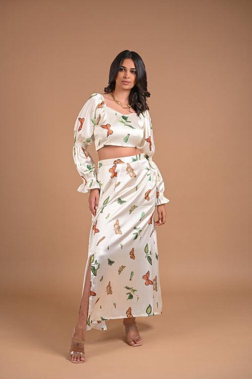 White Butterfly Satin Co-ord Set