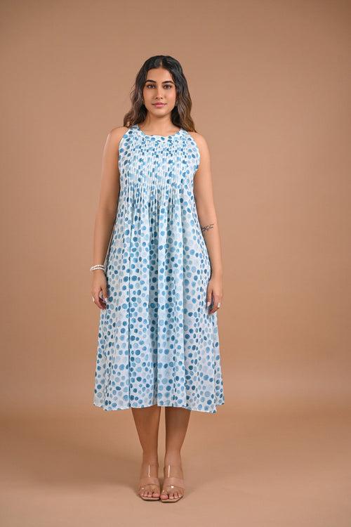 Pleated Blue Dot Midi Dress