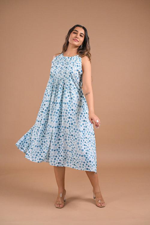 Pleated Blue Dot Midi Dress