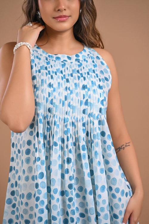 Pleated Blue Dot Midi Dress