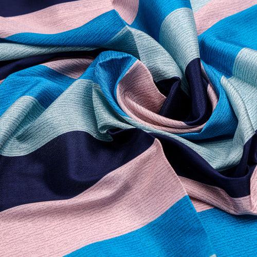 Classy Green, Blue, and Peach Strips Digital Printed Silk Crepe Fabric