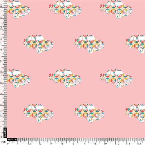 Pink Muslin Digital Printed Kids Fabric with Car Prints