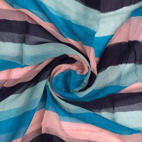 Classy Green, Blue, and Peach Strips Pure Chiffon Fabric