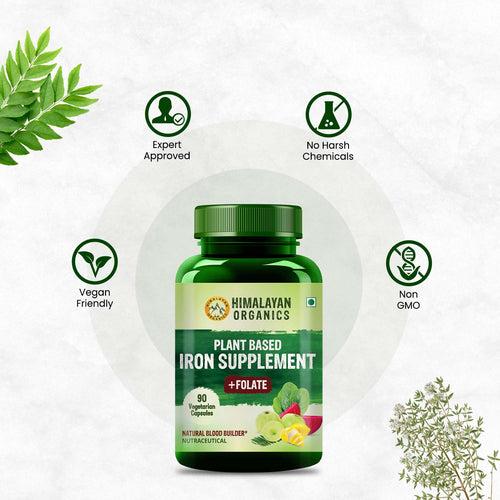 Himalayan Organics Plant Based Iron with Folate for Better Hemoglobin, Immunity, Oxygen Binding Capacity - 90 Veg Capsules