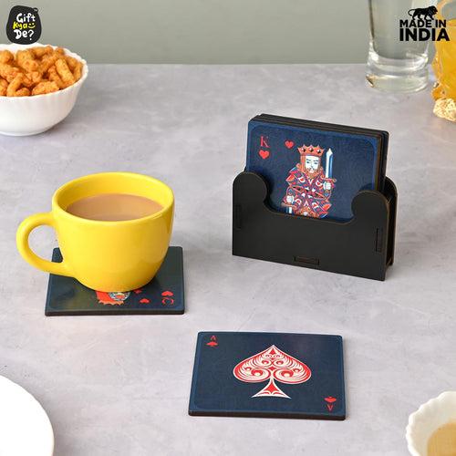 Square Coaster Set of 6 with Proper Coaster Stand | Designer Coaster Set fit for Tea Cups, Coffee Mugs and Glasses