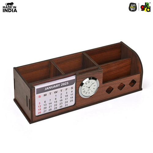 Wooden Desk Organizer with Calendar, Clock and 4 Compartments for Stationery, Mobile and Remote | Tabletop Organizer for Office and Home Use