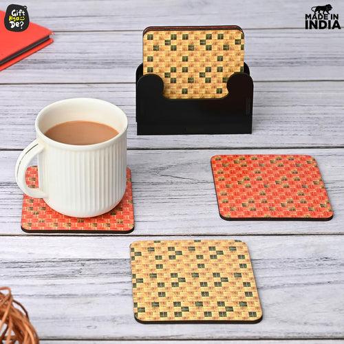 Square Coaster Set of 6 with Proper Coaster Stand | Designer Coaster Set fit for Tea Cups, Coffee Mugs and Glasses