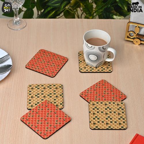 Square Coaster Set of 6 with Proper Coaster Stand | Designer Coaster Set fit for Tea Cups, Coffee Mugs and Glasses