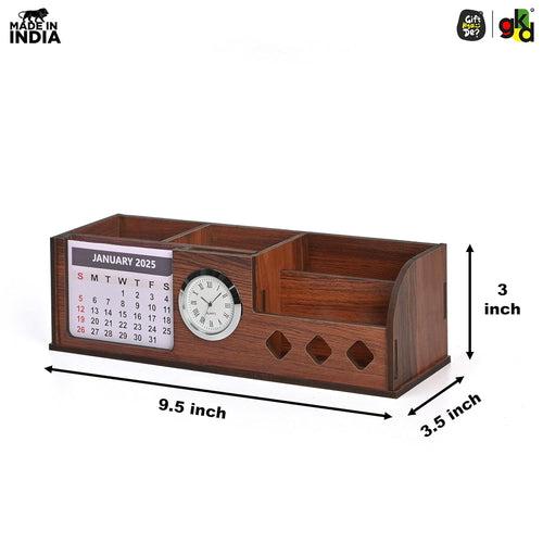 Wooden Desk Organizer with Calendar, Clock and 4 Compartments for Stationery, Mobile and Remote | Tabletop Organizer for Office and Home Use