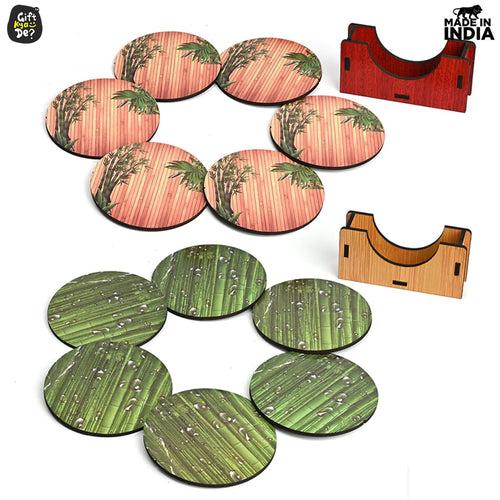 Coaster Set of 6 Natural Wooden Bamboo Tree Style | Coasters with Beautiful Coaster Stand