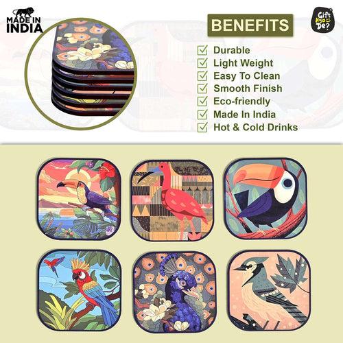 Coaster Set of 6 Unique Birds & Jungle Theme Design | Wooden Coasters to Serve Tea Cups, Coffee Mugs and Glasses (Ecofriendly)