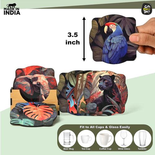 Coaster Set of 6 Unique Birds & Jungle Theme Design | Wooden Coasters to Serve Tea Cups, Coffee Mugs and Glasses (Ecofriendly)