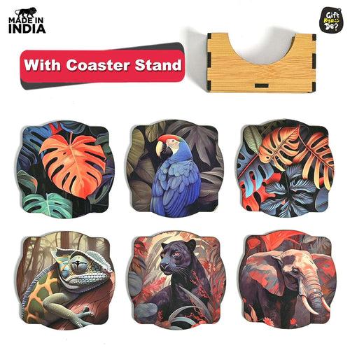 Coaster Set of 6 Unique Birds & Jungle Theme Design | Wooden Coasters to Serve Tea Cups, Coffee Mugs and Glasses (Ecofriendly)