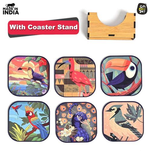 Coaster Set of 6 Unique Birds & Jungle Theme Design | Wooden Coasters to Serve Tea Cups, Coffee Mugs and Glasses (Ecofriendly)