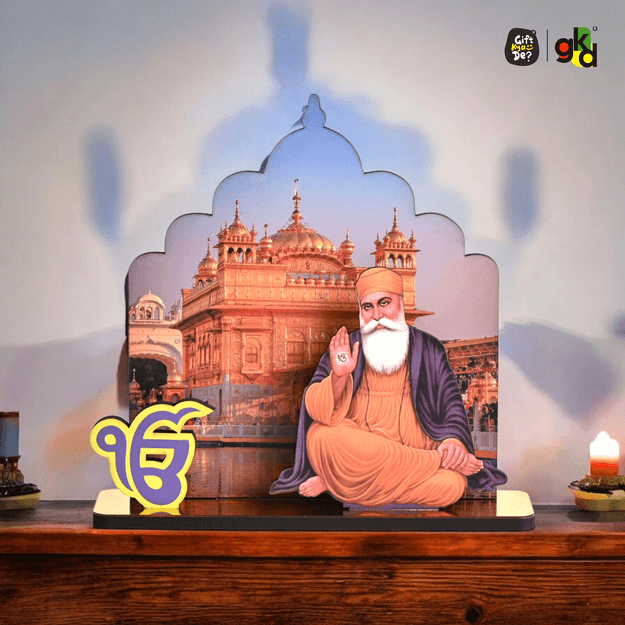 Guru Nanak Dev Ji Wooden Table Top Idol with Golden Temple Background | Spiritual Decor for Home & Office