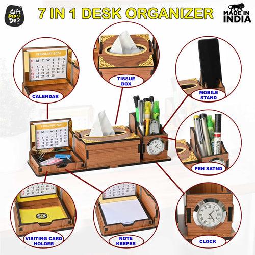 Desk Organizer With Clock and Calendar 2024 | Calendar With Tissue Box Holder | Free Tissue Paper Refill Pack (Ecofriendly)