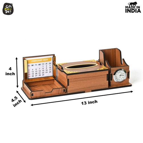 Desk Organizer With Clock and Calendar 2024 | Calendar With Tissue Box Holder | Free Tissue Paper Refill Pack (Ecofriendly)