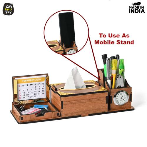 Desk Organizer With Clock and Calendar 2024 | Calendar With Tissue Box Holder | Free Tissue Paper Refill Pack (Ecofriendly)