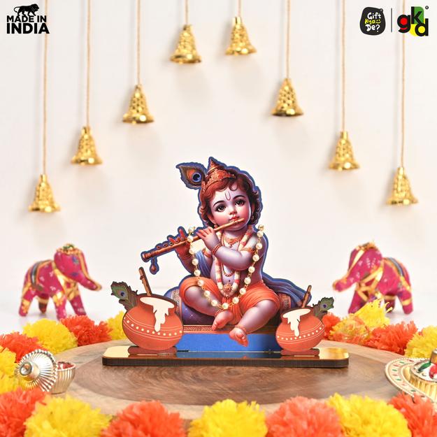 Decorative Lord Krishna Table Top Frame with Flute and Butter Pots | Divine Baby Krishna Idol for Home, Office & Gift Purposes | Spiritual Home Décor