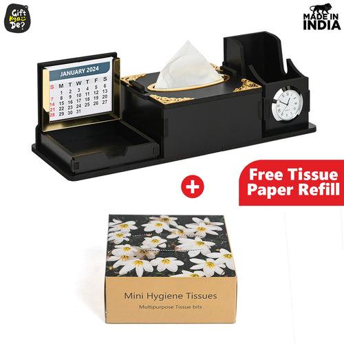 Desk Organizer With Clock and Calendar 2024 | Calendar With Tissue Box Holder | Free Tissue Paper Refill Pack (Ecofriendly)