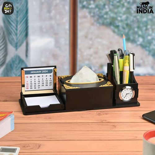 Desk Organizer With Clock and Calendar 2024 | Calendar With Tissue Box Holder | Free Tissue Paper Refill Pack (Ecofriendly)