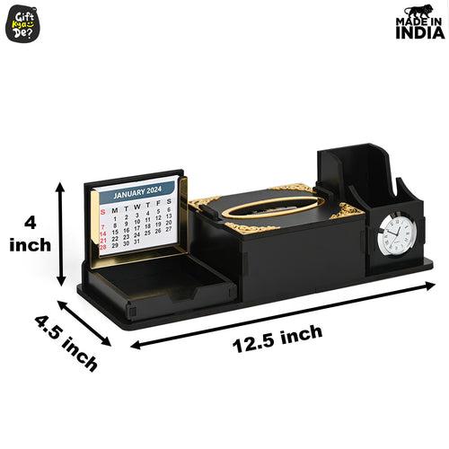 Desk Organizer With Clock and Calendar 2024 | Calendar With Tissue Box Holder | Free Tissue Paper Refill Pack (Ecofriendly)