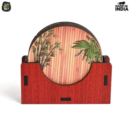 Coaster Set of 6 Natural Wooden Bamboo Tree Style | Coasters with Beautiful Coaster Stand