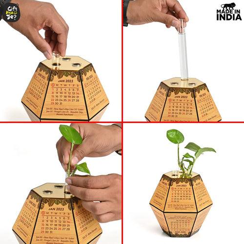 4 Compartment Desk Organizer With Clock & Calendar With Test Tube Planter Combo | Corporate Gift