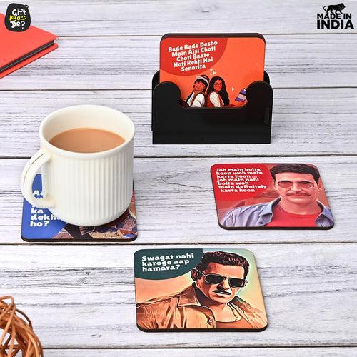 Square Coaster Set of 6 with Proper Coaster Stand | Designer Coaster Set fit for Tea Cups, Coffee Mugs and Glasses