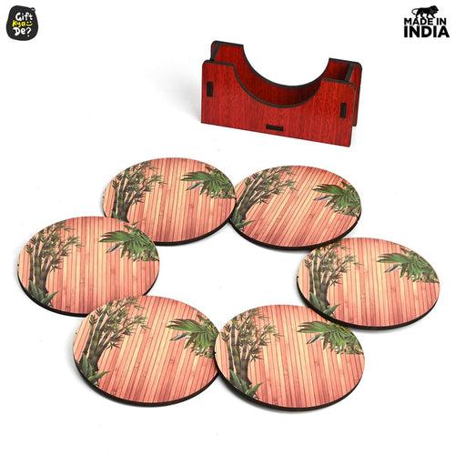 Coaster Set of 6 Natural Wooden Bamboo Tree Style | Coasters with Beautiful Coaster Stand