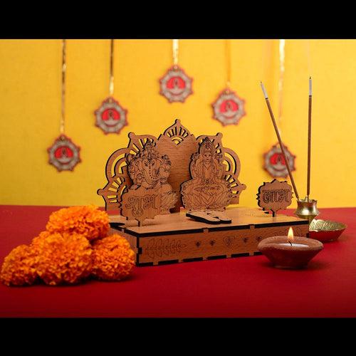 Wooden Diwali Gift Set Mandir, Diya Toran and Shubh Labh Swastik Dangler