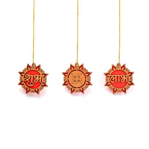 Wooden Diwali Gift Set Mandir, Diya Toran and Shubh Labh Swastik Dangler