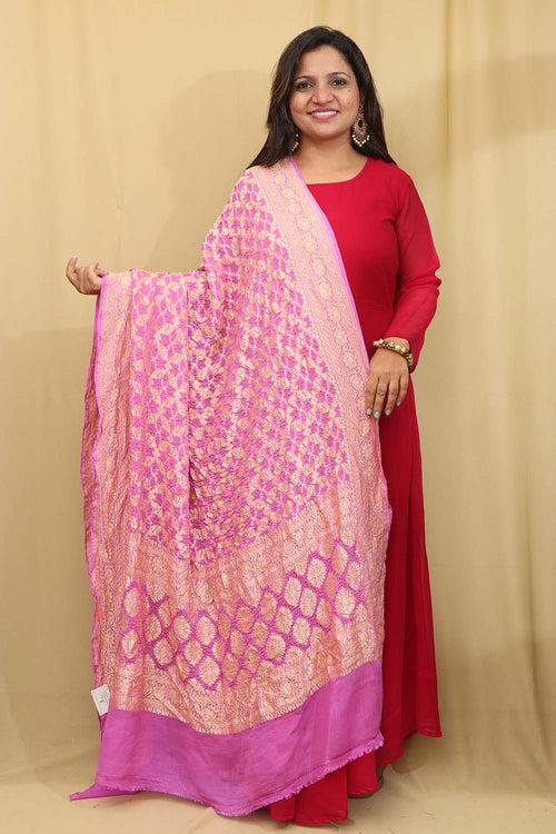 Exquisite Pink Banarasi Bandhani Pure Georgette Dupatta