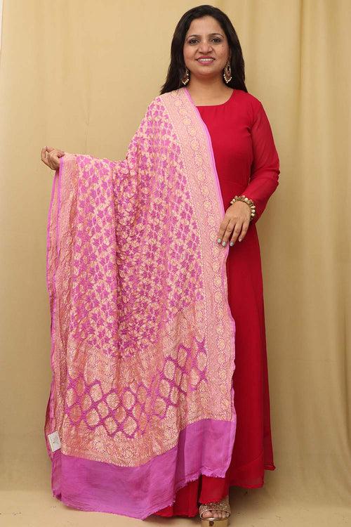 Exquisite Pink Banarasi Bandhani Pure Georgette Dupatta