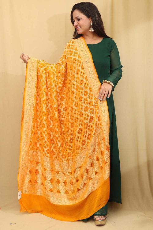 Exquisite Yellow Banarasi Bandhani Pure Georgette Dupatta