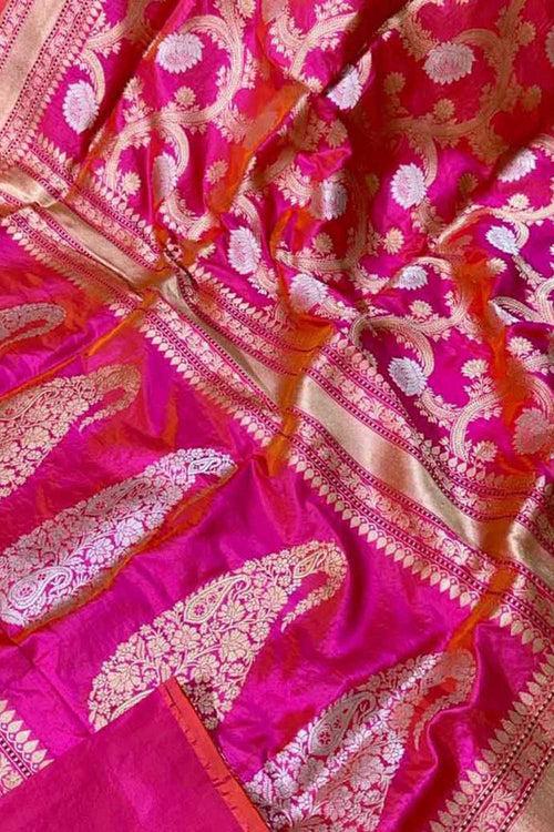 Exquisite Pink Banarasi Silk Saree - Handloom Katan