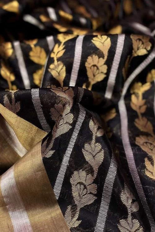 Exquisite Black Chanderi Handloom Katan Silk Saree